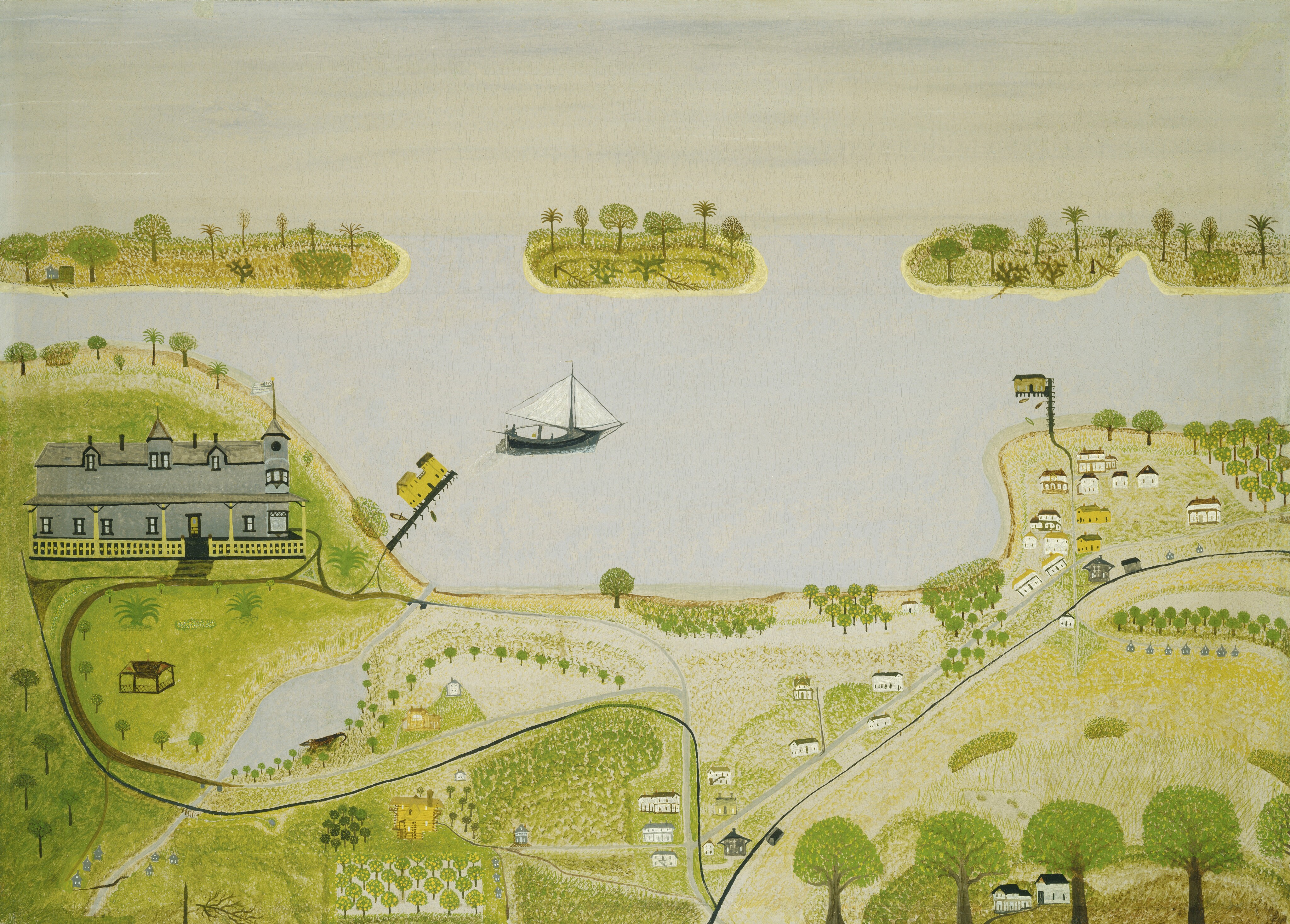 A nineteenth-century painting of a lakeside town, with a sailboat, small islands, a hotel, an orchard and a railway.